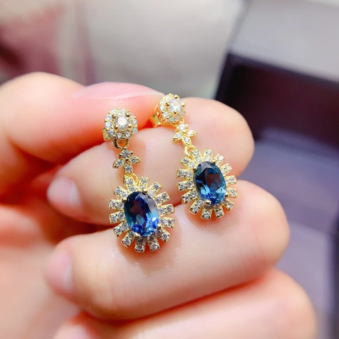KJJEAXCMY Boutique Jewelry Natural Sky Blue Topaz Gemstone 5x7mm Women's Plated 18K Gold Earrings 925 Pure Silver Gift for Girl