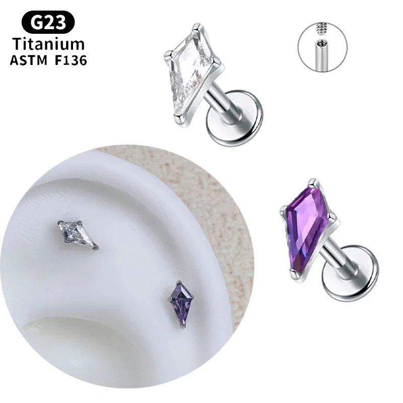 NORY ASTM F136 Titanium Rhombus CZ Internal Threaded Labret Stud 16G Flat Back Earring Cartilage Helix Nose Piercing Jewelry