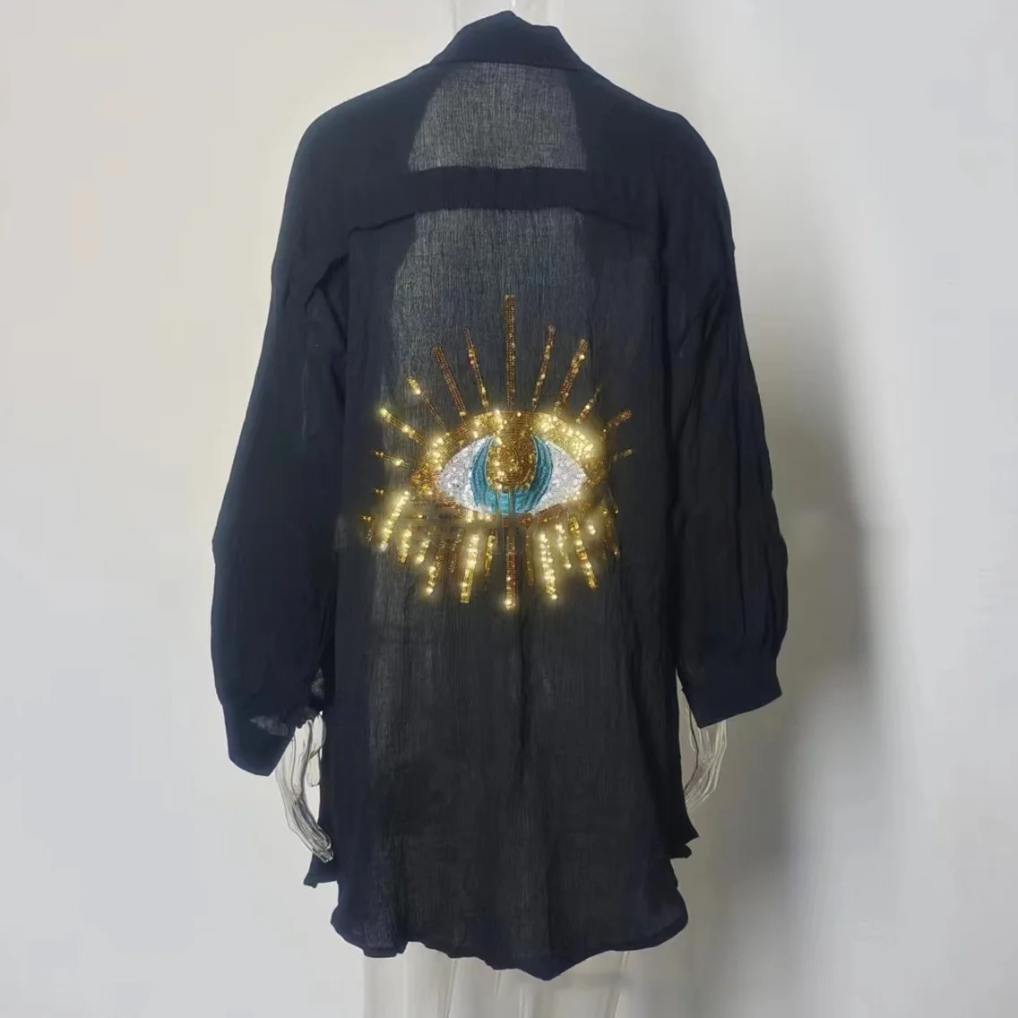 Long Sleeve Loose Shirts Coat Women Casual Sequin Beaded Turn-down Button Blouse Vintage Fashion Spring Summer Evil Eye Tops