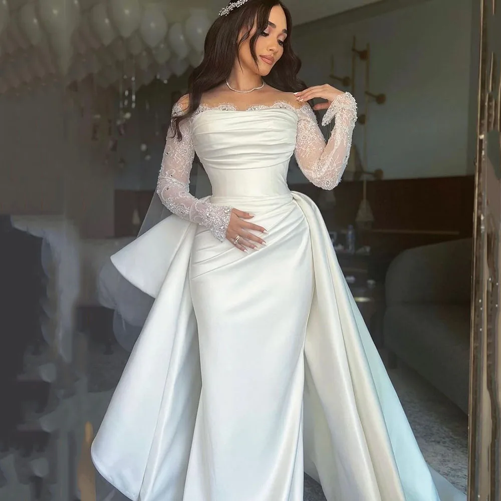 

Msikoods Luxury Mermaid Wedding Dresses vestidos de noiva Lace Long Sleeves Bridal Gowns With Detachable Train Bride Dress