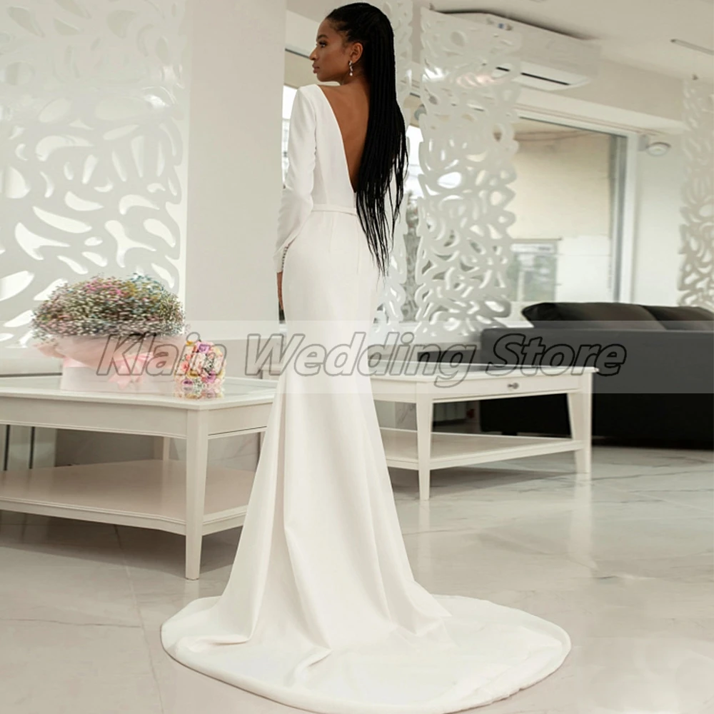 Customized Weilinsha Pure Ivory Elegant And Chic Mermaid Weding Dress Ladies Deep V-Neck Court Train Backless Long Sleeve Bridal