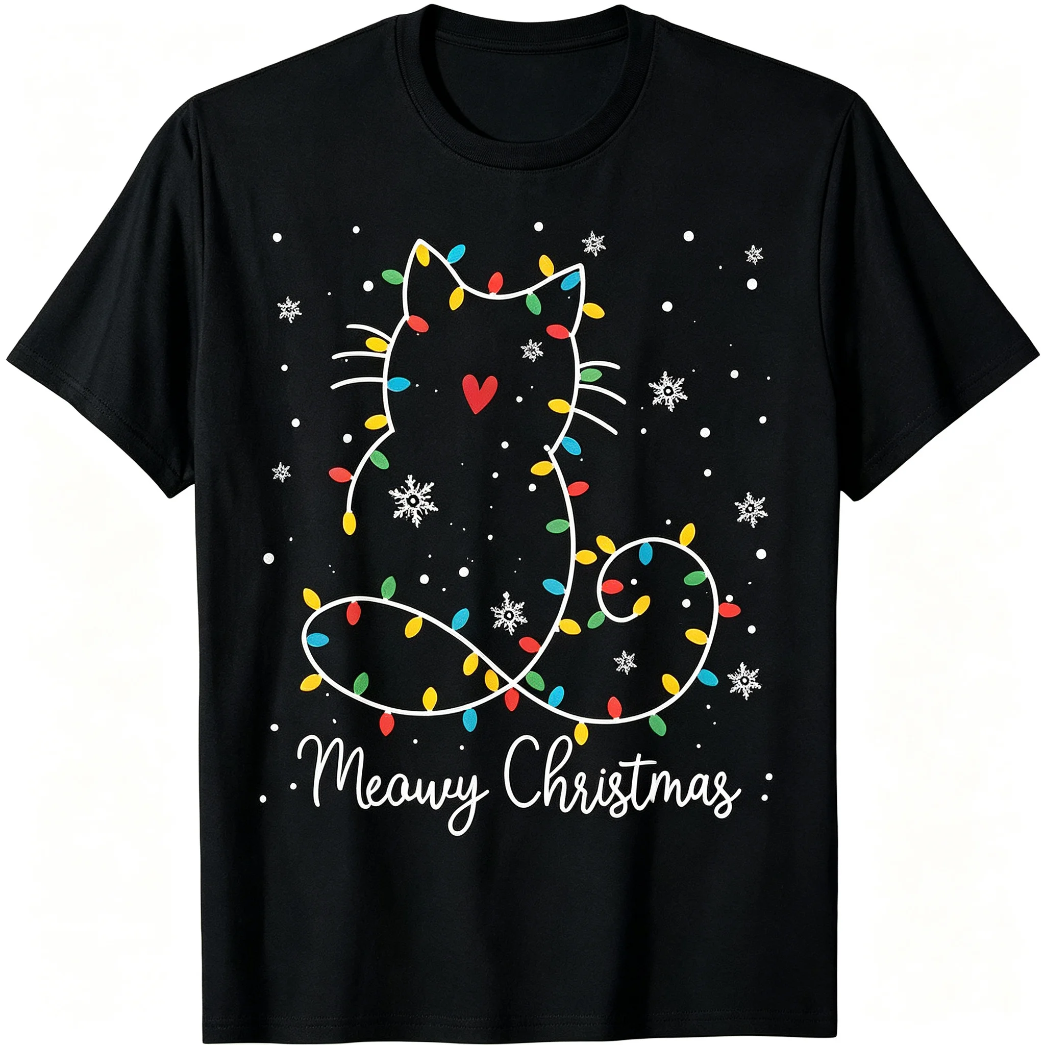 Meowey Christmas Cat T‑Shirt, Christmas Lights Cat Graphic Tee, Snowflake Cute Cat Lover Holiday Xmas Gift Shirt