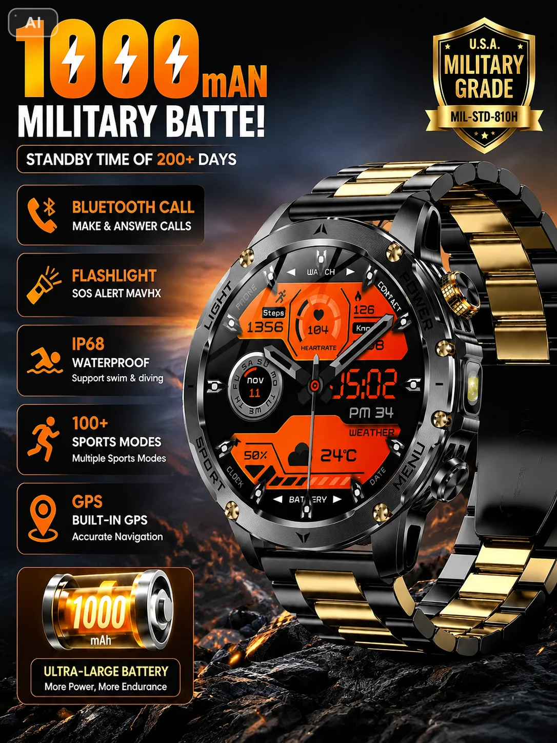 2026 Neue Militär-Smartwatch T-Rex 3 Ultra mit 1000mAh Akku, 5ATM Wasserdicht, Taschenlampe, Herzfrequenzmesser, Sport-Tracker für Herren