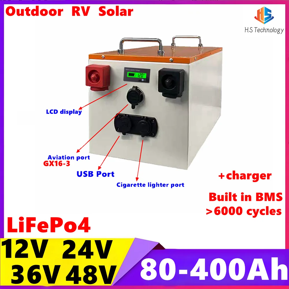 

HS 12V 24V 36V 48V 80Ah 100Ah 150Ah 200Ah 400Ah Lifepo4 battery BMS inside for trolling motor boat.RV Outdoor Camping+Charger