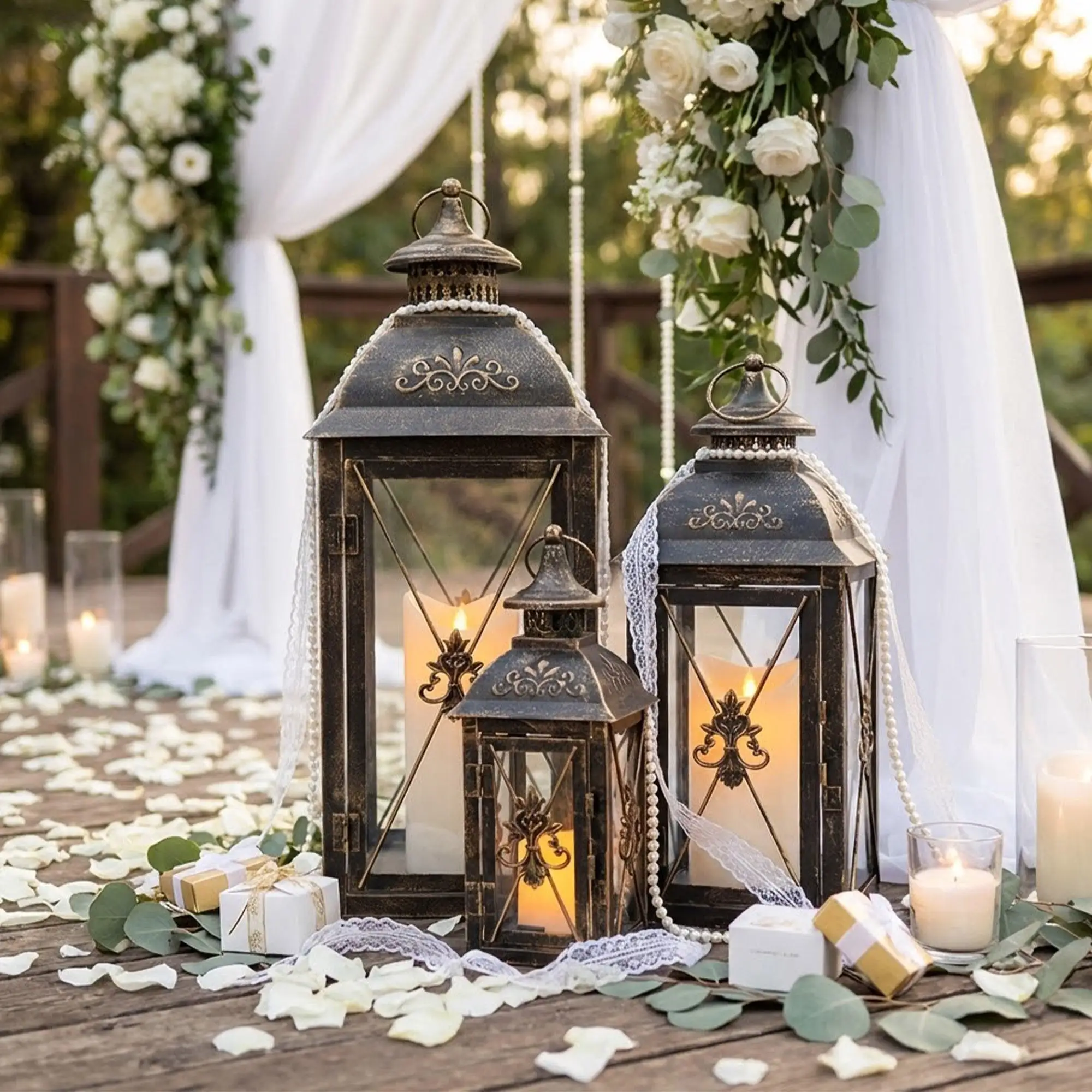 Retro Black Set of 3 Wedding Candle Lantern Outdoor Large Iron Lantern Glass Hanging Lanterns for Candle