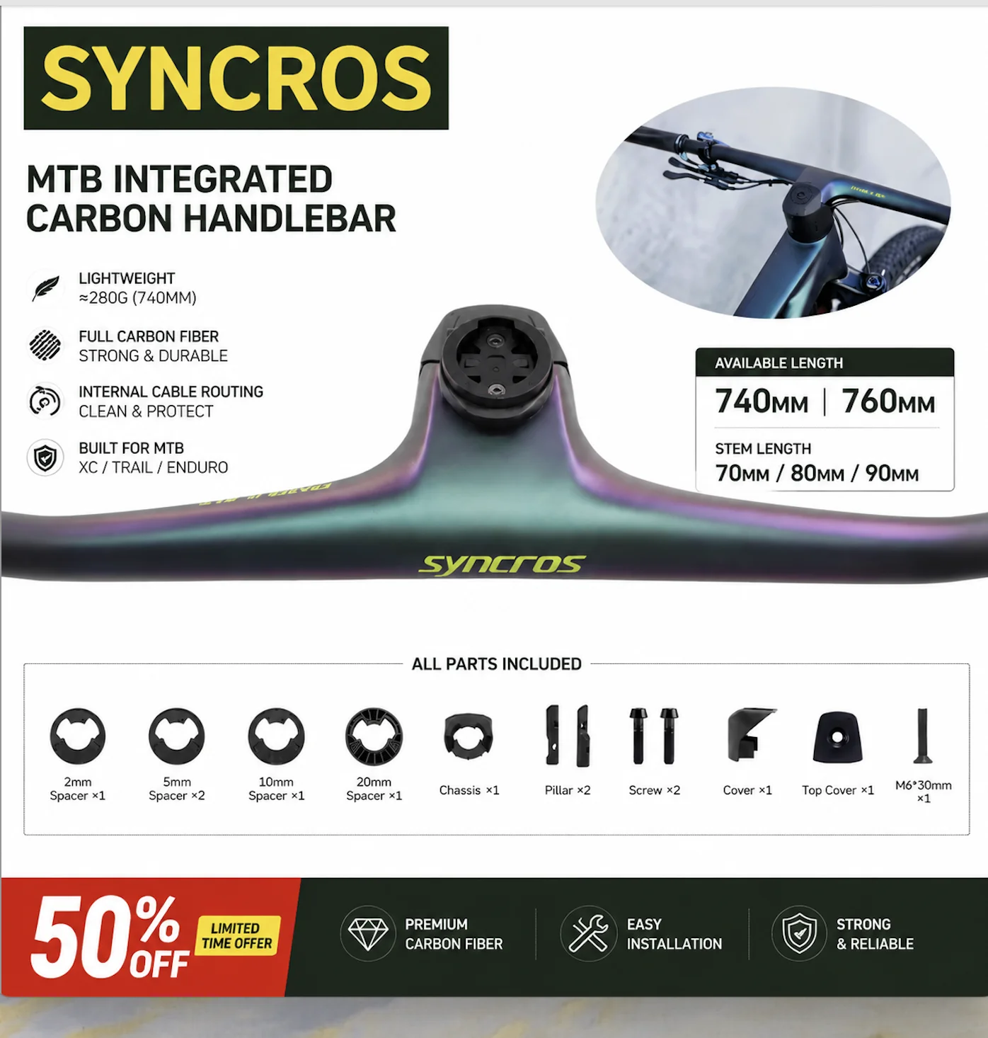 SYNCROS FRASER IC SL WC pour cadre Sparks - Guidon VTT intégré en fibre de carbone à -20 degrés, Chameleon