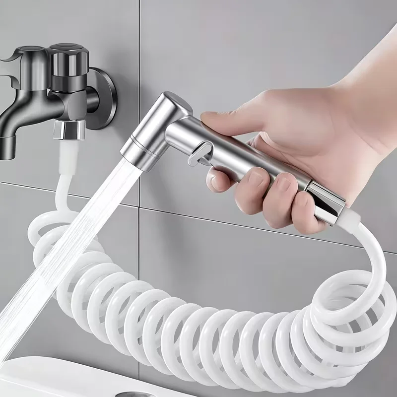 2pcs Telescopic Bidet Sprayer Kit, Chrome ABS Handheld Toilet Spray Gun with Spring Hose, High Pressure Bidet Shower for Persona