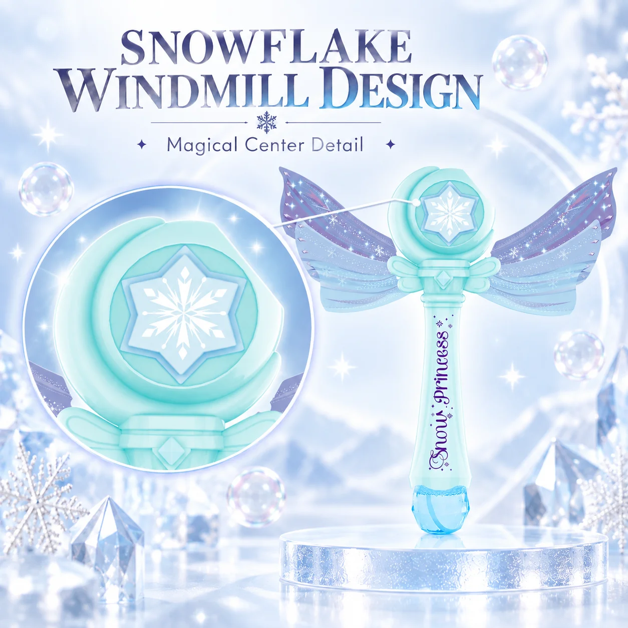 Crystal Snowflake Bubble Maker, Fairy Wing Princess Wand, Kids Outdoor Party Toy, Batteries and Bubble Solution Not Included