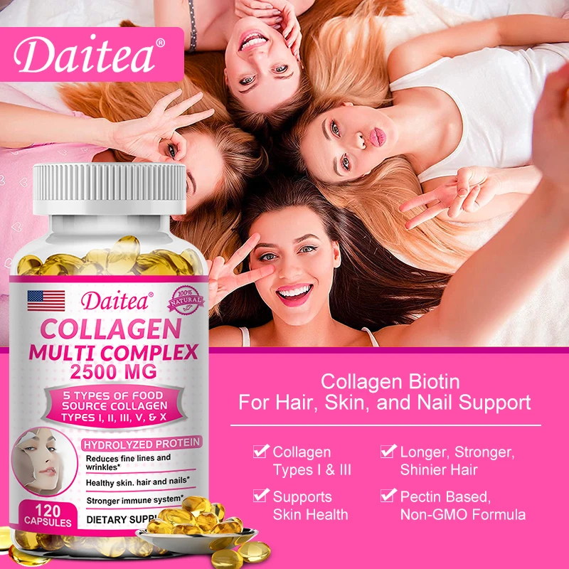 Daitea Multi-Collagen Peptides- Types I II III V X - Collagen Complex Softgels for Women and Men - for Healthy Hair, Skin, Nails