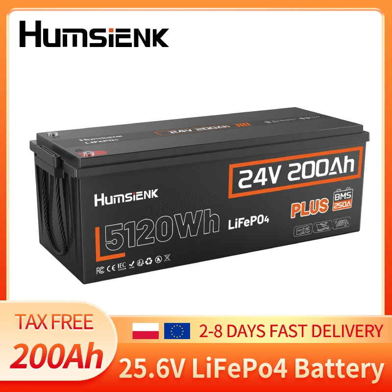 Humsienk 24V 200Ah LiFePO4 Lithium-Batterie mit 250A BMS 15000+ Deep Cycle Solarbatterie Lithium-Batterie 5120Wh Energie für Wohnmobil, Camper, Off-Grid, Notstromversorgung