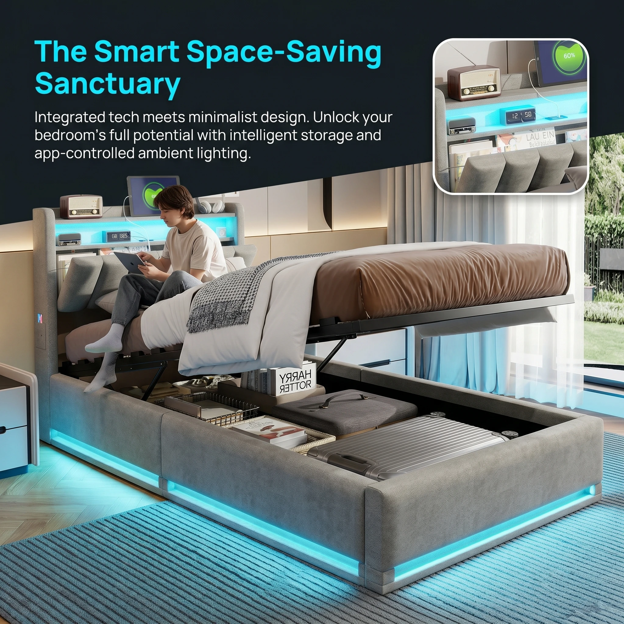 Cama con almacenamiento y elevación hidráulica Superaly de 90x200 cm con luces LED RGB, tapizada en terciopelo gris con estante en la cabecera y estación de carga, no requiere somier