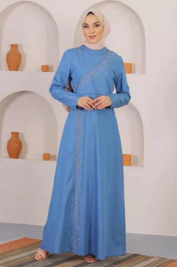 Long maxi denim dress women dress Turkish fashion Islamic Muslim Modern clothing Turkey 20223