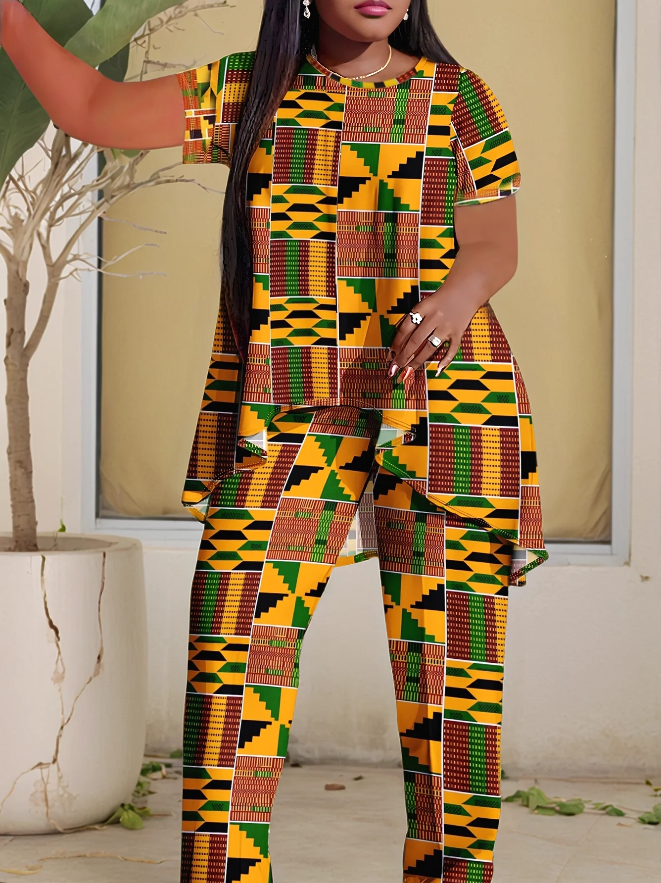 مقاس كبير، ملابس أوروبية وأمريكية متعددة الألوان منقوشة بطباعة هندسية، مجموعة سراويل عصرية واسعة الساق، مريحة في الارتداء،