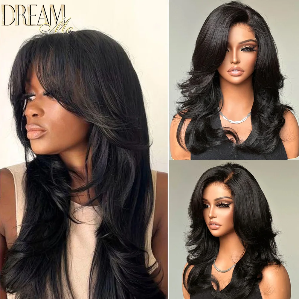 Straight Layered Wigs with Curtain Bangs Wear And Go Wigs Glueless 5x5/7x5 HD Lace Closure Wigs Real HD Lace 360 Glueless Wigs