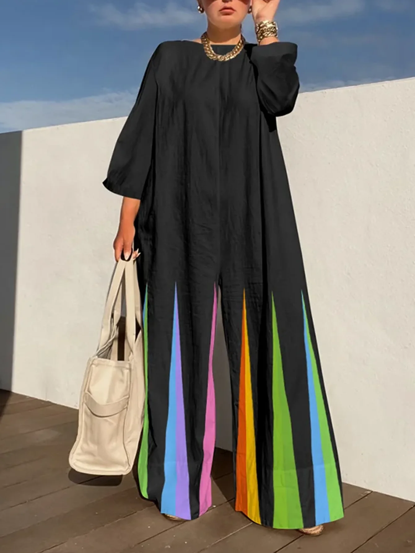 レディースジャンプスーツ、無地カジュアル長袖ストライプ丸首ジャンプスーツ