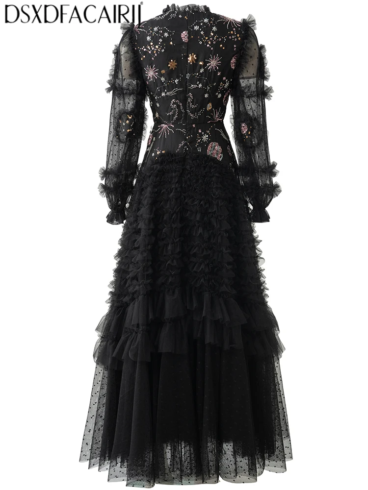 DSXDFACAIRIJ Women's Solid O-Neck Lantern Sleeve Beading Sequins Flounced edge Design Spring Summer Vintage Elegant Dresses