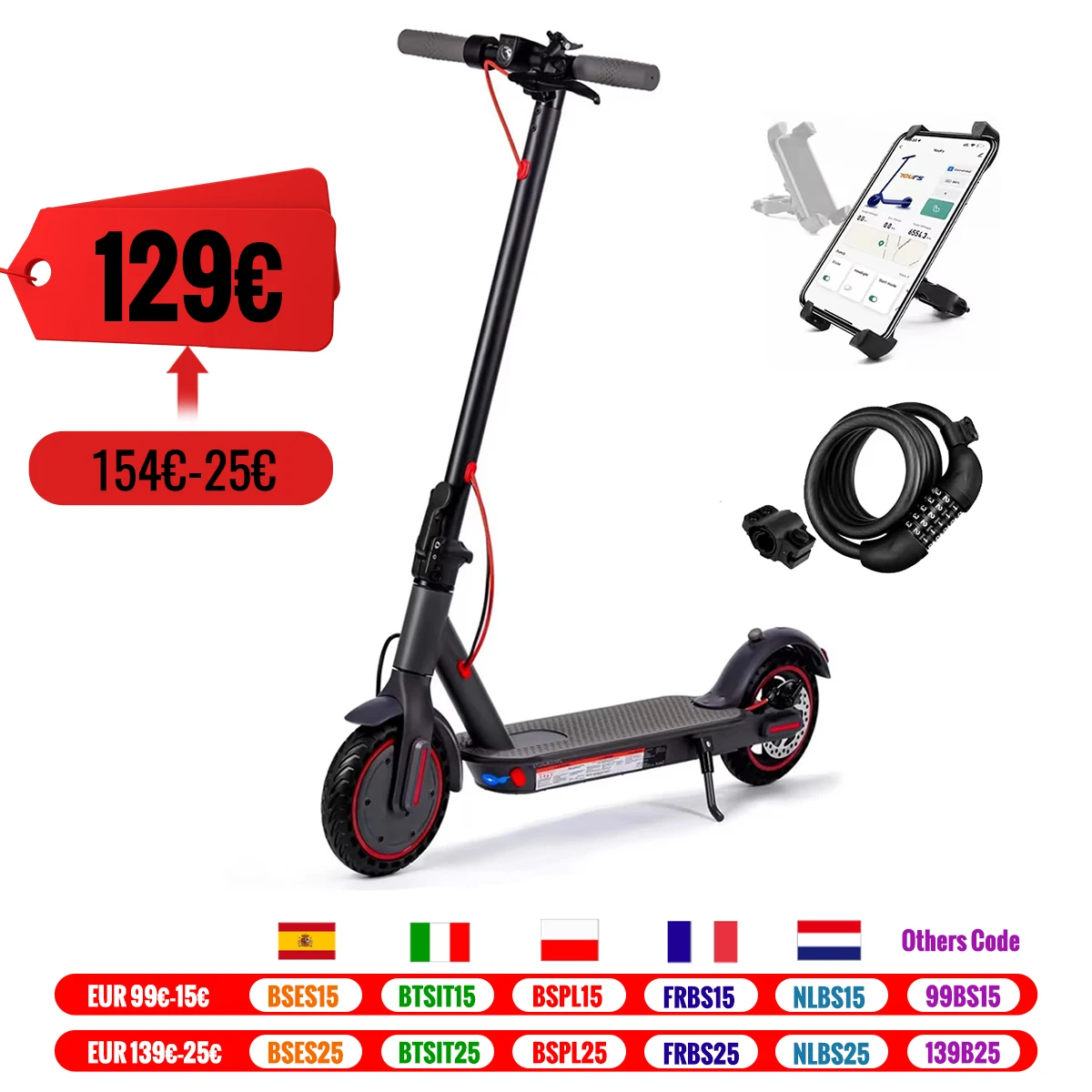 Scooter elettrico da 8,5 pollici con funzione app, con supporto per cellulare e protezione antifurto, scooter elettrico pieghevole, 25-30 km