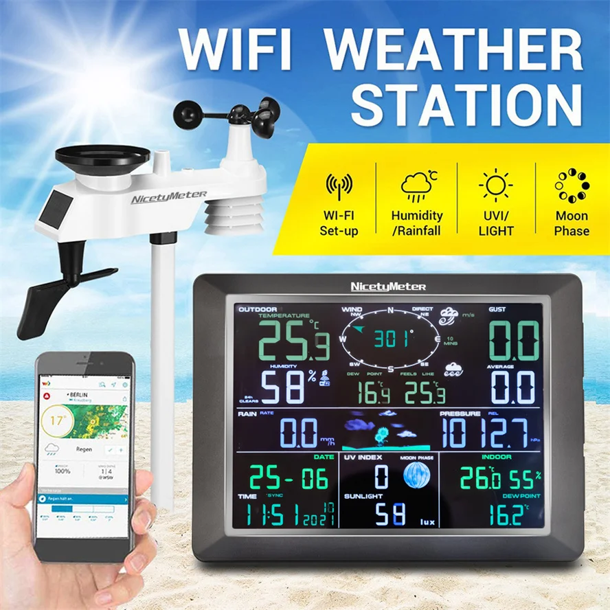 Weather Station Display with Solar Wireless Outdoor Sensor Alarm alert for Temperature Humidity Super wide Screen Wifi Wireles