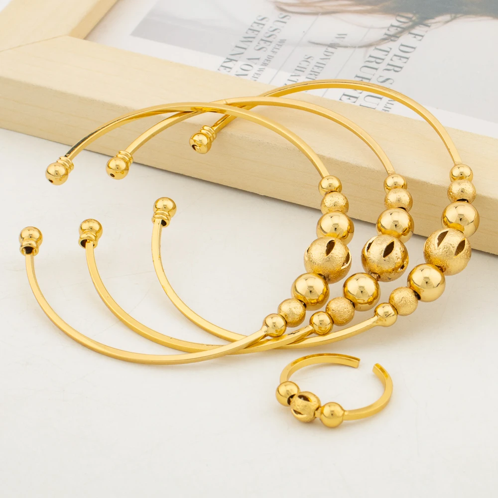 Bangles with Ring Jewelry Set for Party African Women 18k Gold Color Cuff Bangle Ring Beads Design Hand Bracelet Jewelry Set