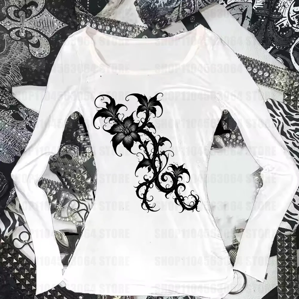 Kawaiiii Cute Flower Women's White Long sleeved T-shirt Close fitting, Comfortable, Breathable, Long sleeved for Autumn and Wint