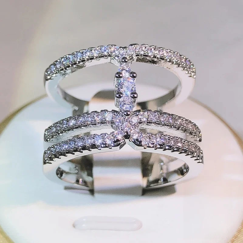 925 Sterling Silver Fashion wielowarstwowe łańcuszki pierścionki z cyrkonią dla kobiet ślubne proste pierścionki z oświadczeniem para obrączki — zdjęcie 2