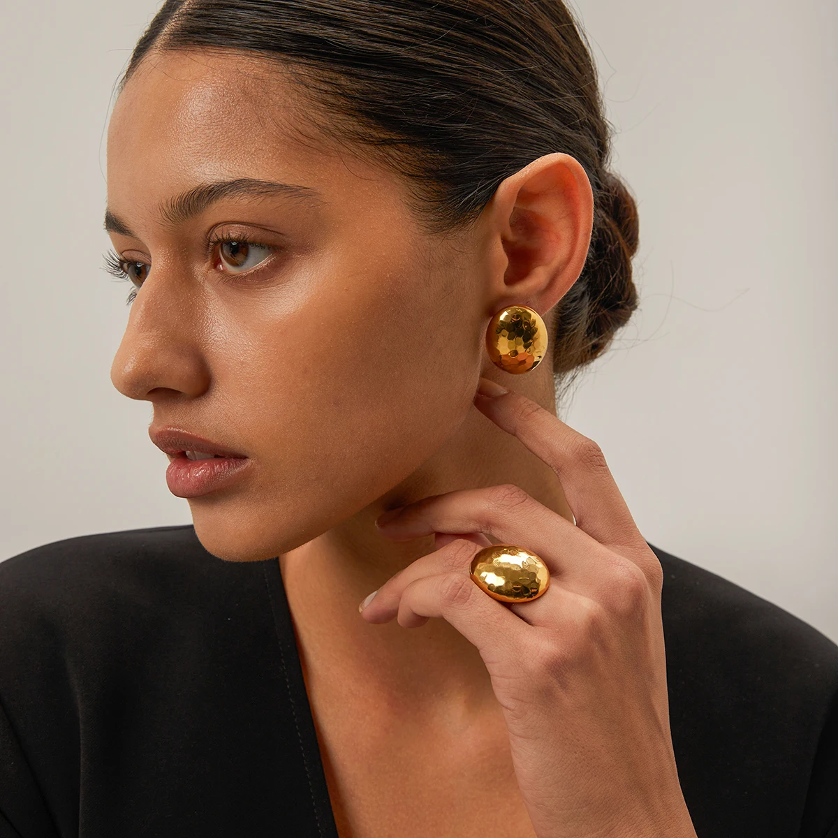 JewelryPoster Large Oval Geometric Stainless Steel Gold 18K Plated Waterproof Fashion Charm Stud Earrings Ring Jewelry for Women