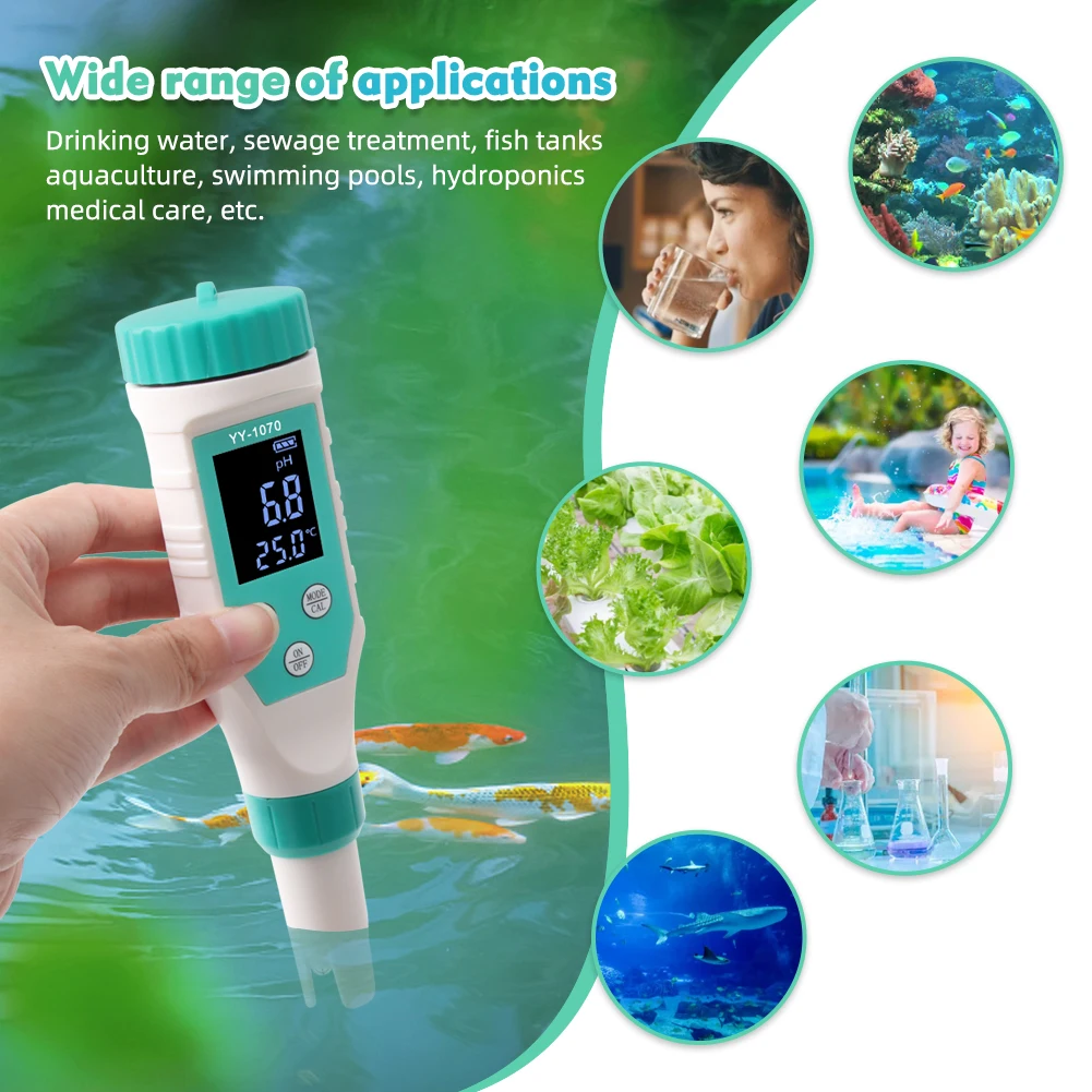 7 in 1 PH/Free Chlorine/ORP/EC/TDS/Salt/Temp pH Meter Swimming Pool Salinity Tester IP67 Waterproof for Aquarium Aquaculture Spa