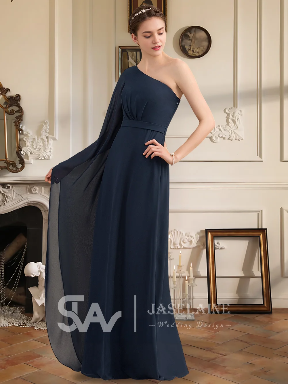 

QA Bridesmaid Dresses Elegant A Line One Shoulder Floor Length Chiffon Long Sleeve Ruffle With Sash Wedding Party Evening Guest