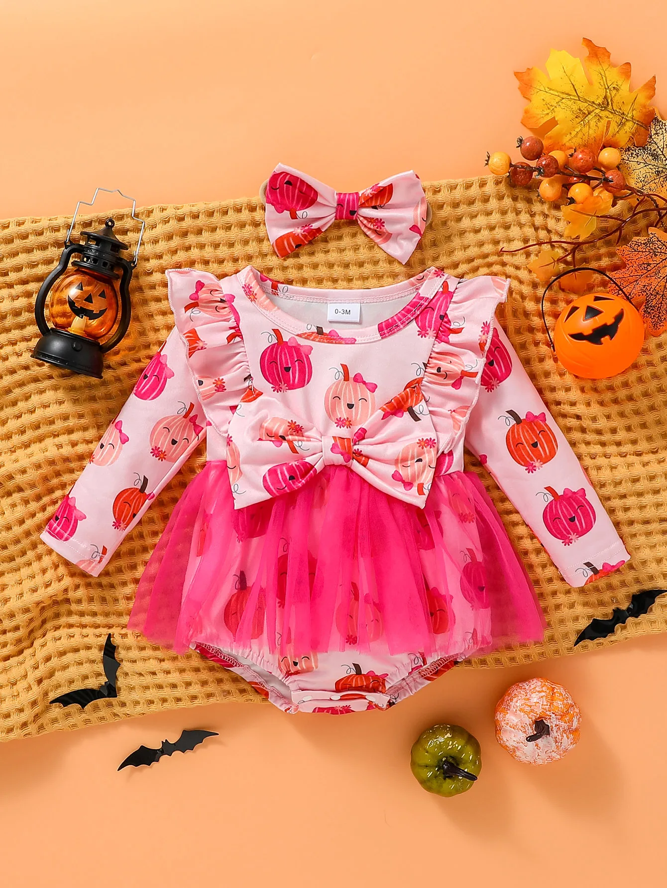 2024 Baby girl autumn lovely and sweet pumpkin printing Halloween Honey jumpsuits+Headband