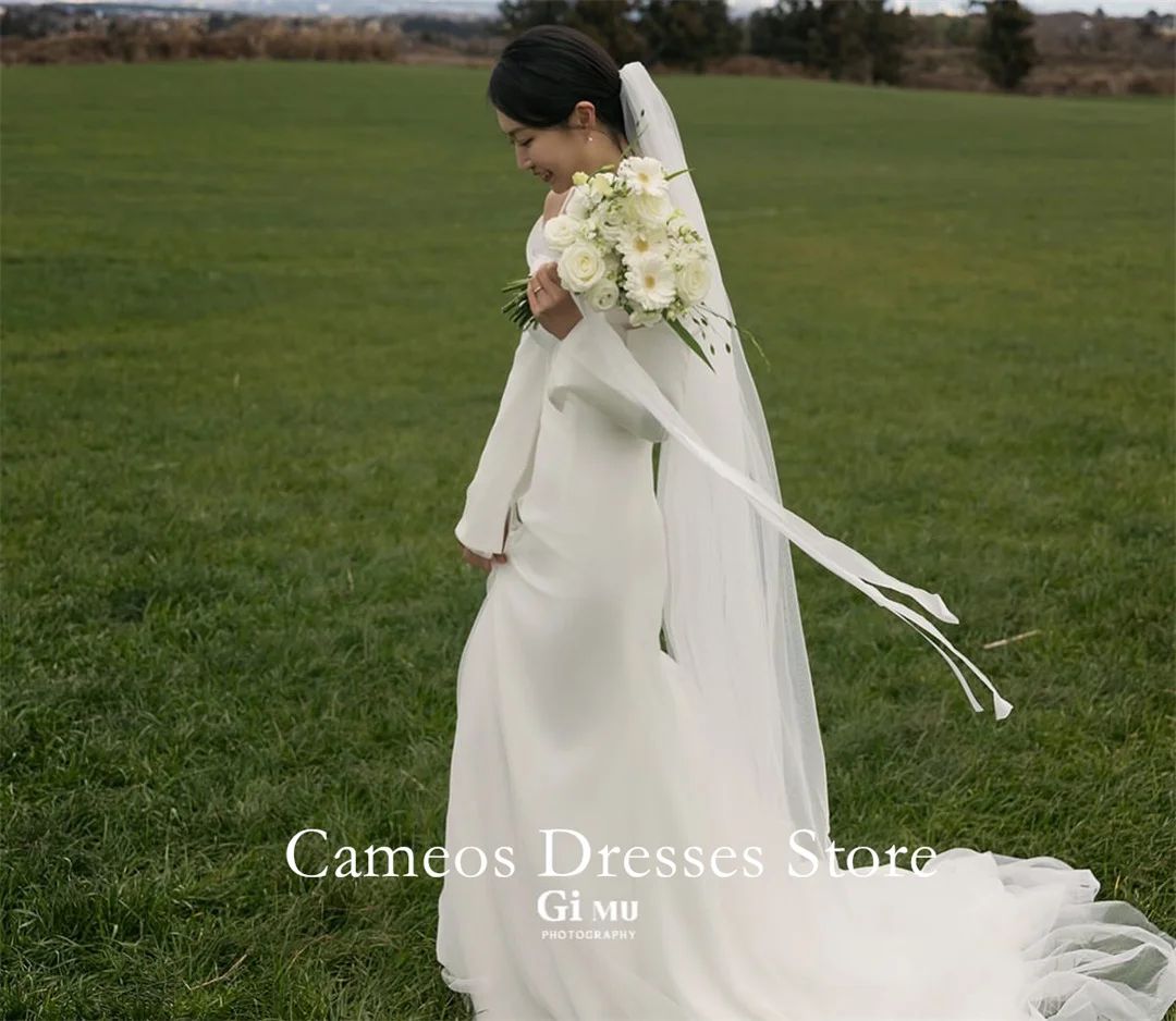 SONDR Customized Spaghetti Straps Long Sleeves Wedding Dresses Crepe Satin Sweep Train Brides Gowns Women Bridal Dresses