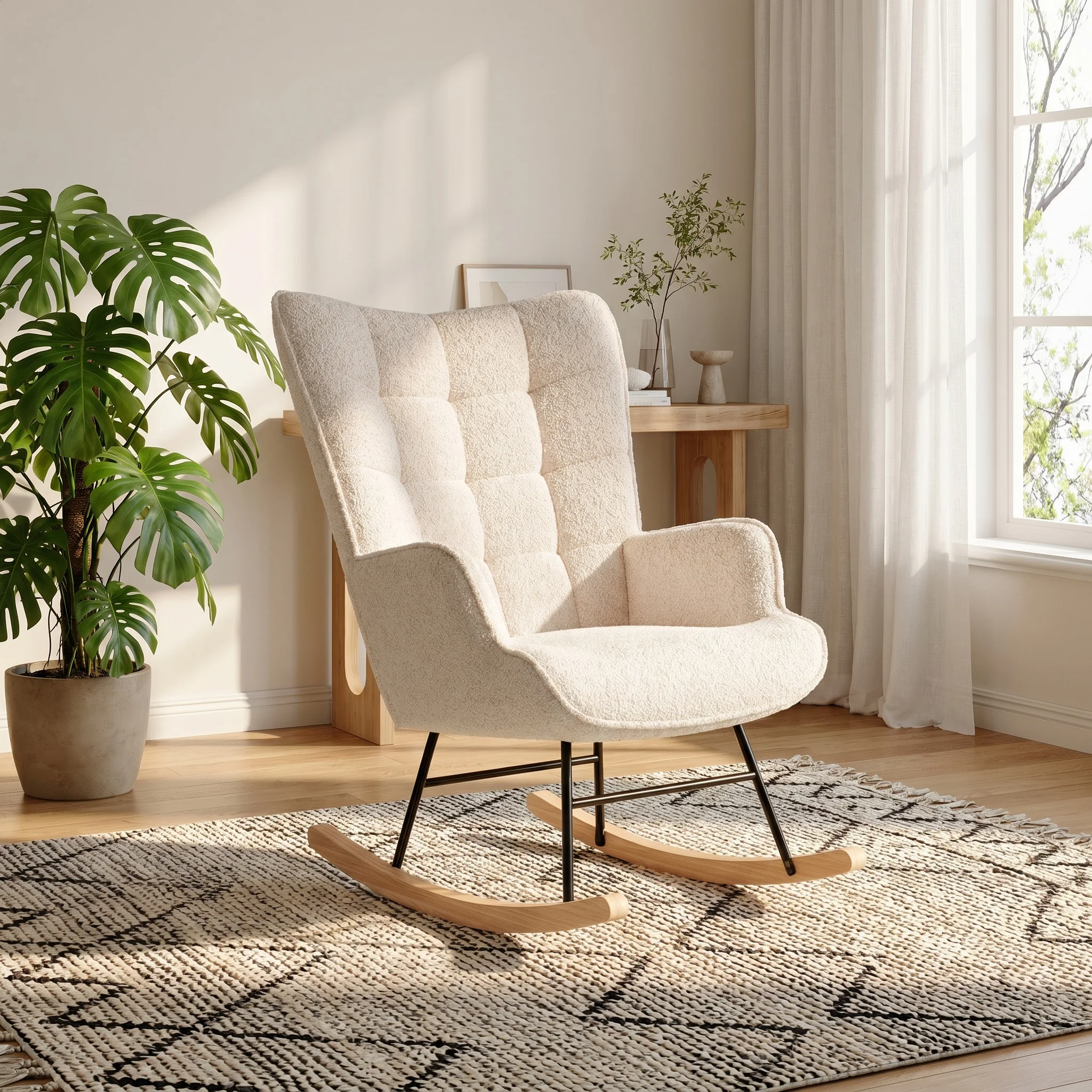 Sillón mecedora Anajqaqia beige de felpa con reposabrazos, sillón deslizante tapizado acolchado de respaldo alto, cómodo sillón mecedora tapizado para guardería y sala de estar