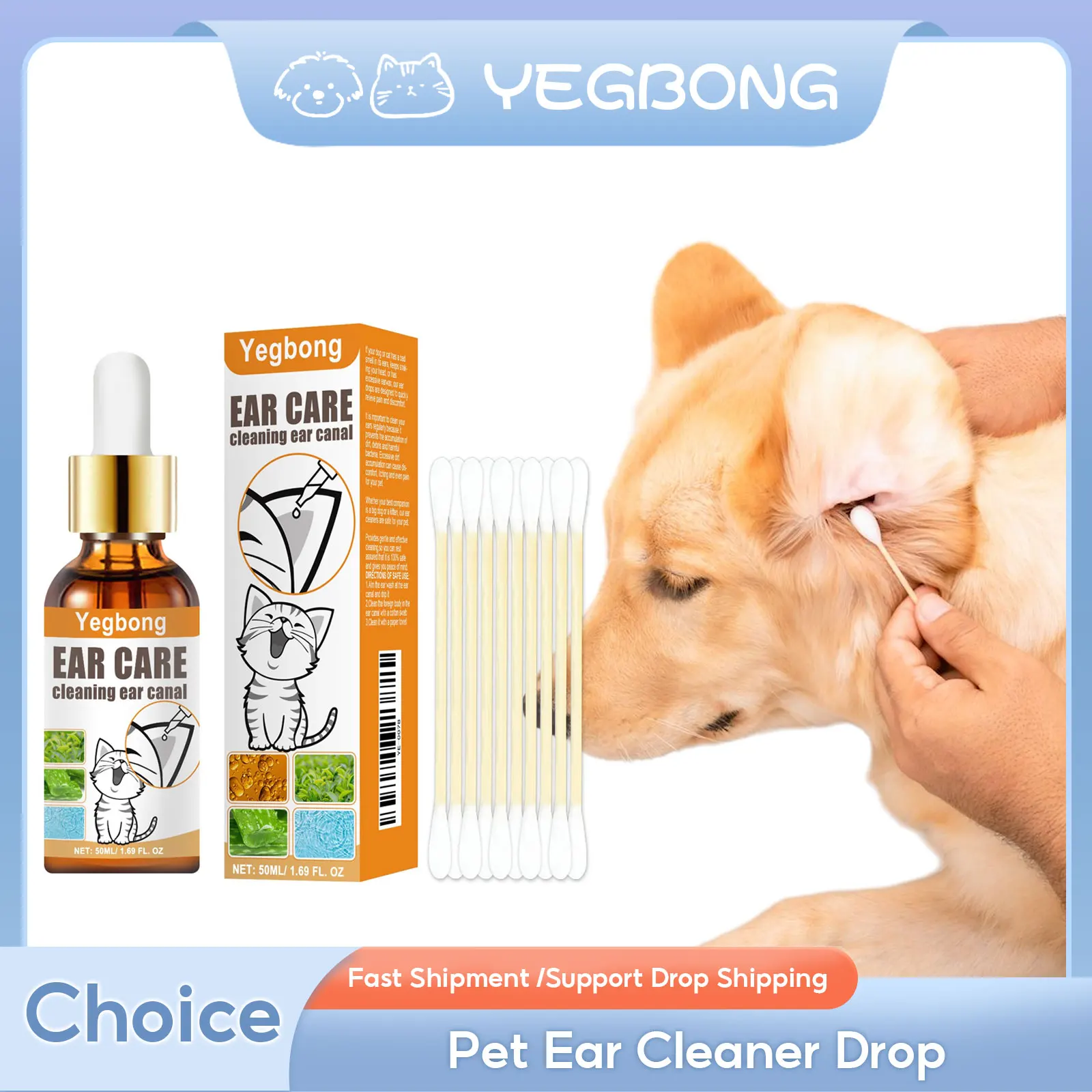 Yegbong Pet Ear Cleaner Ear Wash Infection Control Yeast Mites Remove Earwax Clean Kitten Odor Remover Itch Relief Pet Ear Drops