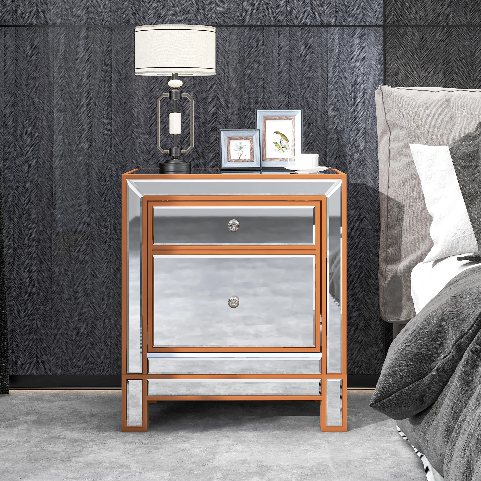 [Flash Sale]Modern Silver Mirrored Nightstand Bedside Table with 2 Storage Cabinets&Crystal Knobs for Living Room/Bedroom[US-W]