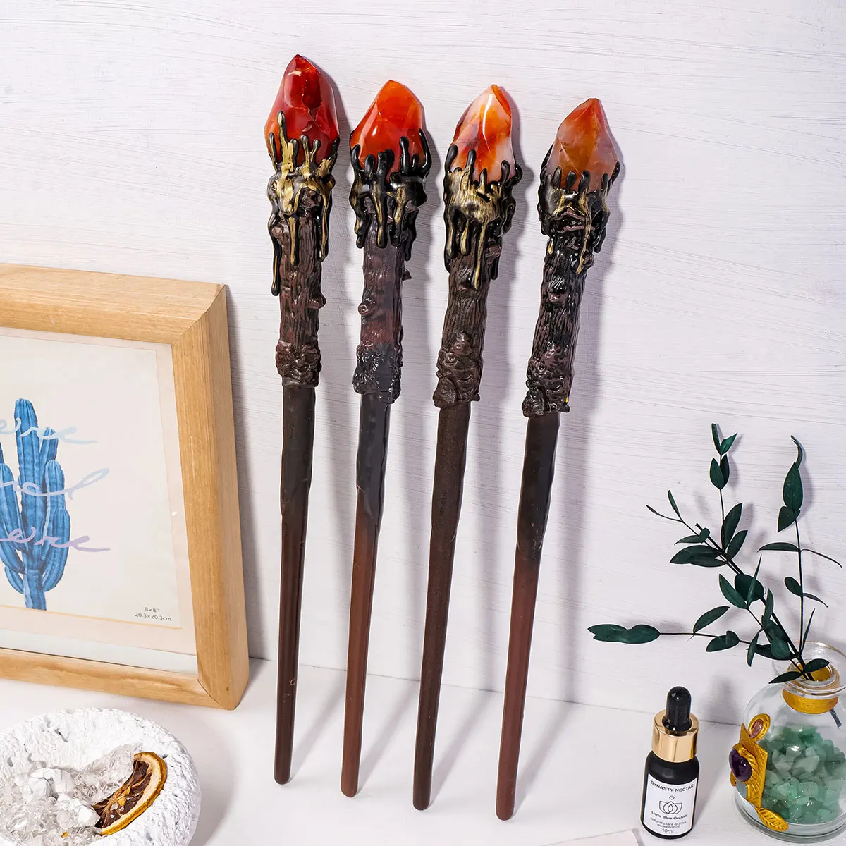 مشعل عقيق أحمر كريستالي طبيعي ، مشعل سحري ، حجر شبه ثمين ، عصا سحرية للهالوين ، ديكورات ، 1 روض