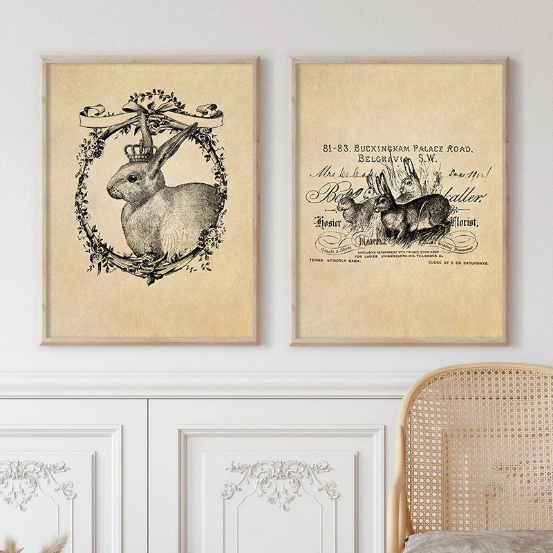Vintage Rustic Rabbit Print Easter Bunny Drawing Poster Retro Victorian Hare Canvas Painting Farmhouse Wall Art Picture Decor