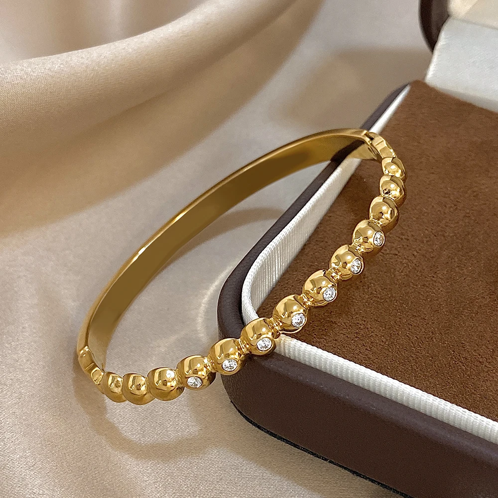 Freetry Minimalist Stainless Steel Rhinestone Spring Bangle for Women Waterproof Smooth Stackable Basic Cuff Bracelet Jewelry