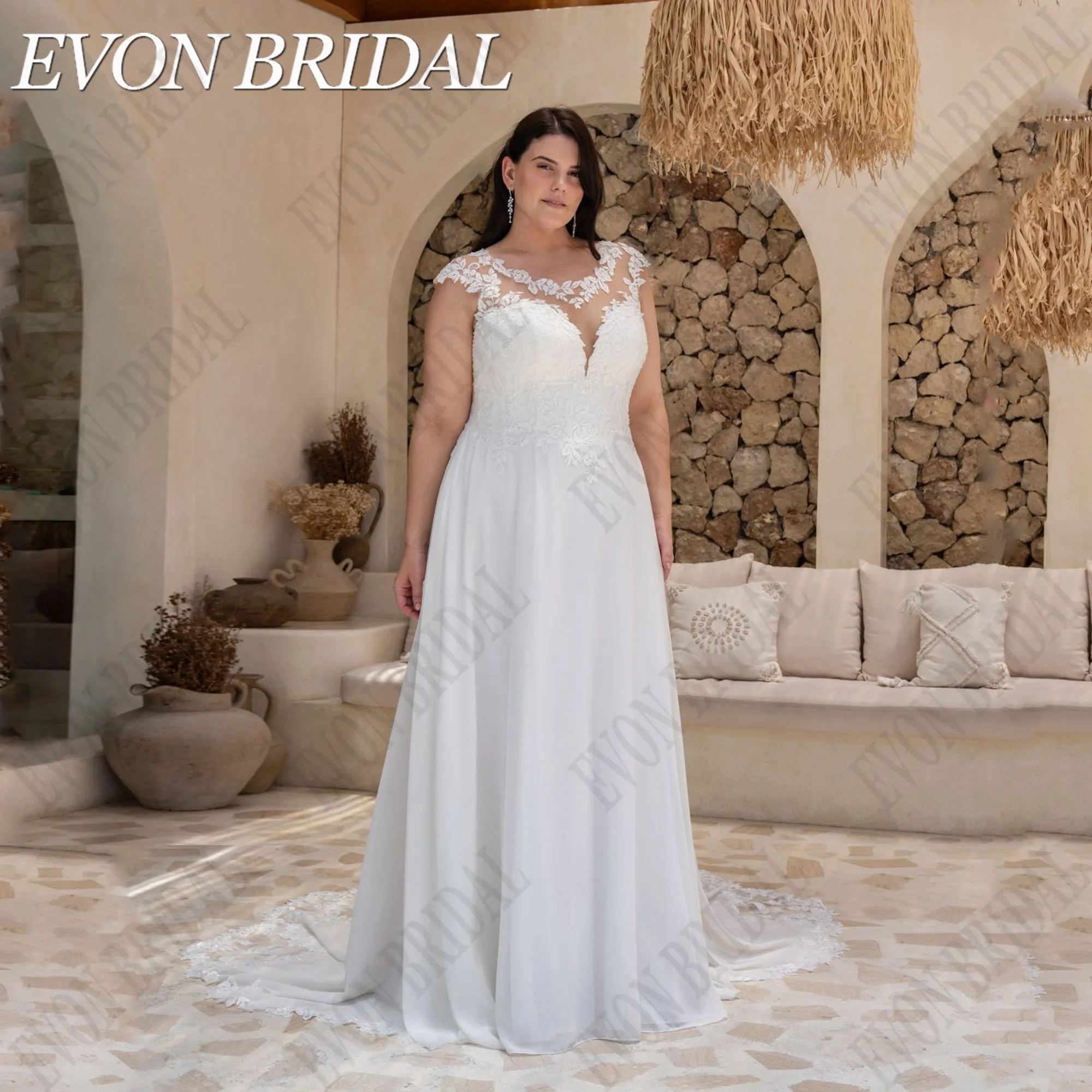 

EVON BRIDAL Plus Size Boho Wedding Dress 2024 Bride Cap Sleeves Scoop Chiffon A-Line Vestidos De Novia Applique Illusion Back