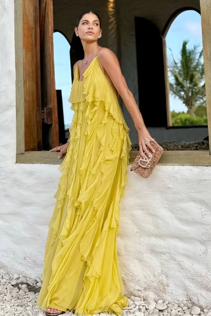 Jessica Spaghetti Straps With Open Back Evening Dresses Yellow Chiffon Ruffles Prom Dresses Wedding Party Dresses Customized