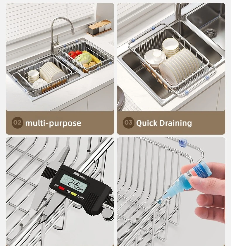Adjustable Drain Baskte Stainless Steel Sink Tableware Rack Kitchen Fruit Drainer Expandable Vegetable Washing Basin Dish Rack