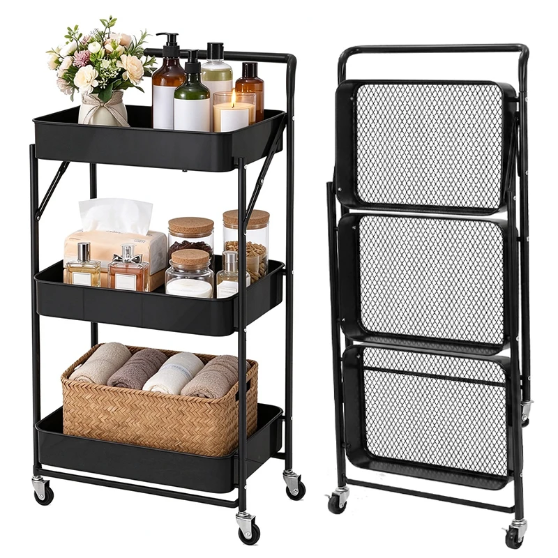 Foldable Rolling Storage Cart, 3 Tier Heavy Duty Metal Shelving Trolley With Lockable Caster Wheels, Compact Collapsible Design, Multi-scene Mobile Organizer For Kitchen, Bathroom, Dorm, Apartment, Craft Room & Laundry