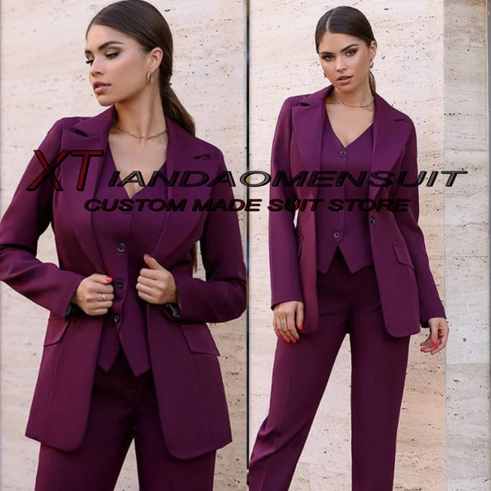 Burgundy Women\'s Suit Business Casual Jacket Pants Vest Three-piece Point Lapel Office Lady Workwear