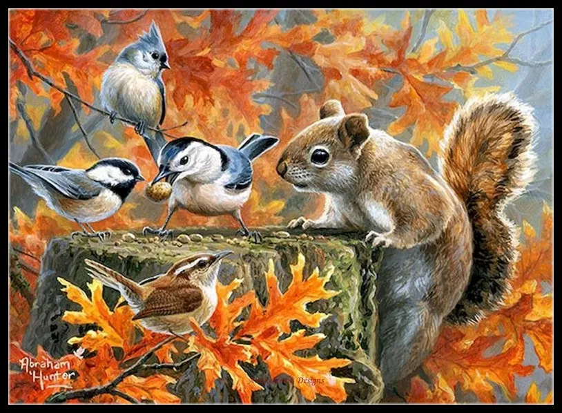 

2024Squirrel with Birds - Counted Cross Stitch Kits - DIY Handmade Needlework Embroidery 14 CT Aida Sets DMC Color