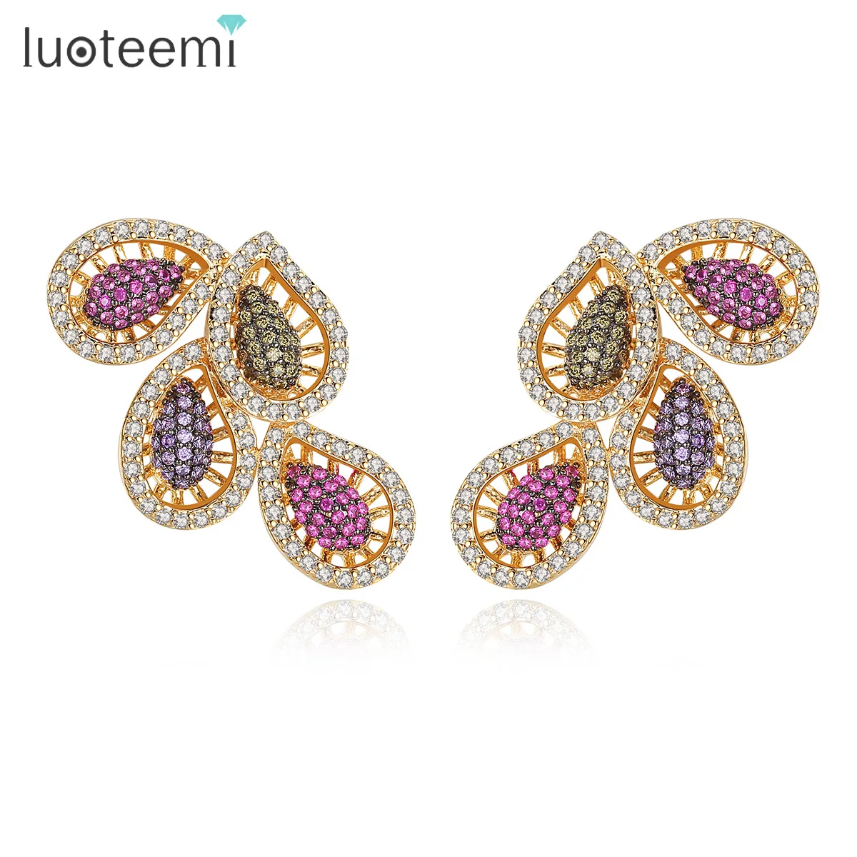 

LUOTEEMI Luxury Rainbow Multiple Color Leaves Stud Earring for Women Luxury Leaf AAA Cubic Zirconia Wedding Jewelry for Bridal