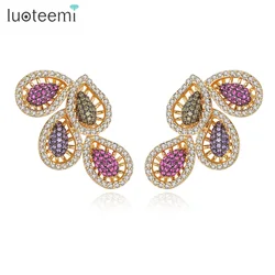 LUOTEEMI Luxury Rainbow Multiple Color Leaves Stud Earring for Women Luxury Leaf AAA Cubic Zirconia Wedding Jewelry for Bridal