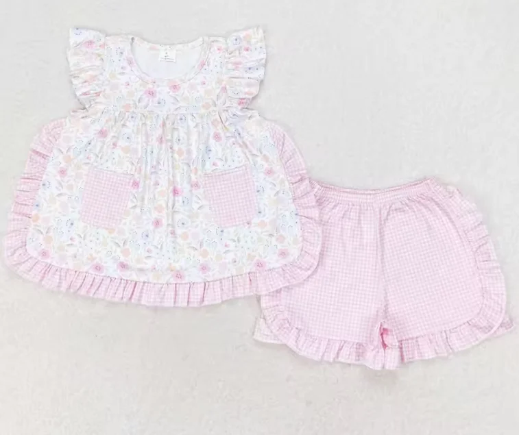

Boutique Toddler Baby Girls Clothes Pink Flowers Pockets Tunic Top Ruffle Shorts Sets Summer Kids Children Clothing Girls Suit