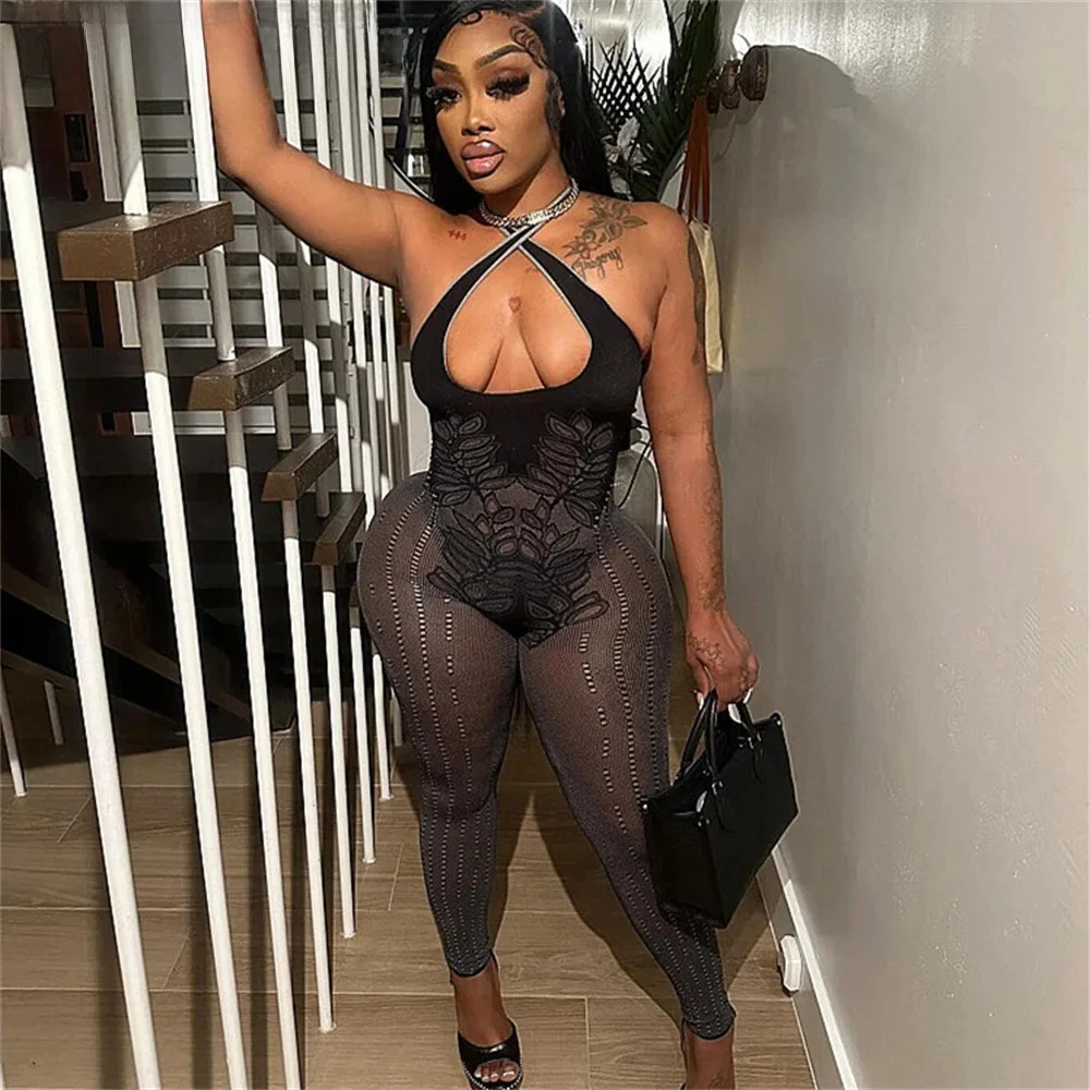 FAGADOER seksowna zagęszczona koronka Hollow Out Halter obcisłe kombinezony damskie bez rękawów Backless Slim Playsuits kombinezony damskie 2024 — zdjęcie 2