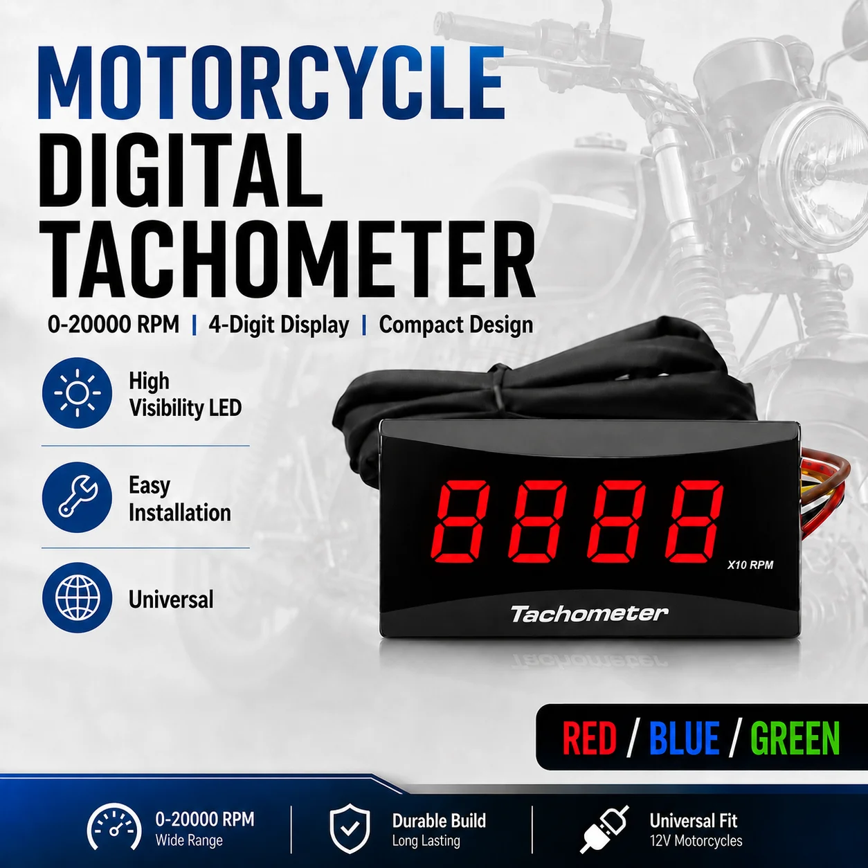 Motorcycle Mini Digital Tachometer 0-20000RPM Universal LED RPM Gauge Meter Red Blue Green Display Motorcycle Accessories