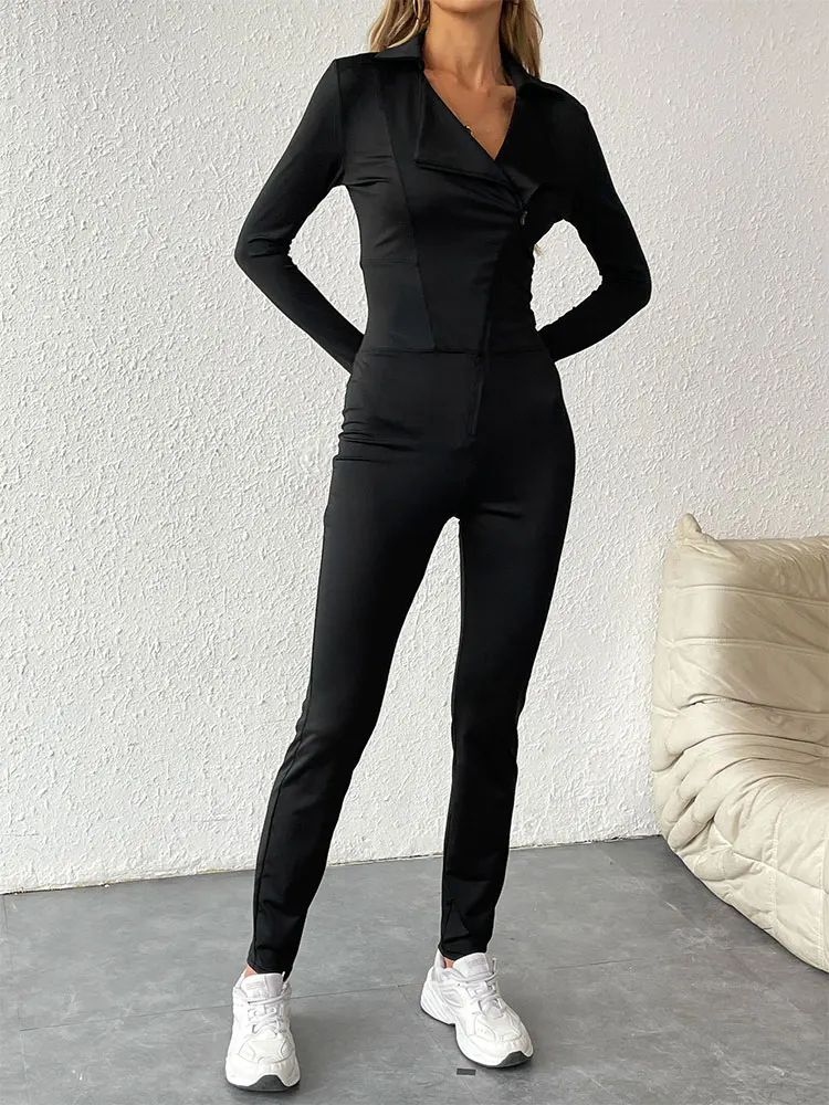 

Новые женские комбинезоны для весны: модные уличные комбинезоны с V-образным вырезом, длинными рукавами и молниями, облегающие, черные, сексуальные, повседневные, приталенные.