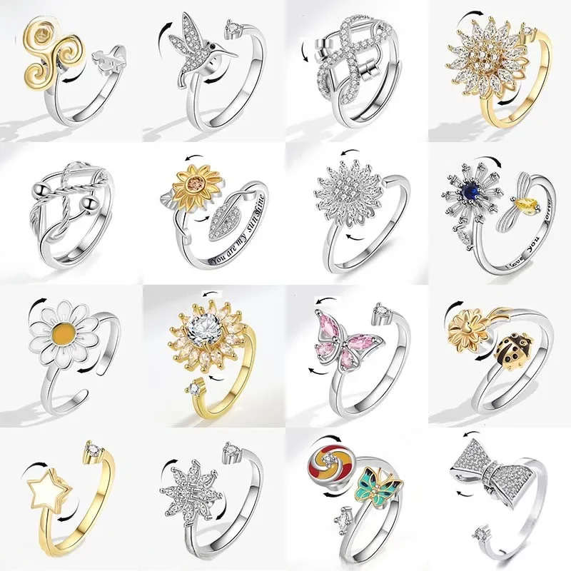 Neue Sonnenblume Angst Ring Fidget Spinner Ringe für Frauen Nette Schmetterling Kolibri Charms Finger Ring Anti Stress Drehen Geschenke
