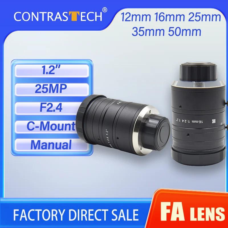 

CONTRASTECH 25MP 1.2 "объектив с фиксированным фокусом FA F2.4 с низким уровнем искажений 12 мм 16 мм 35 мм 50 мм C-крепление для камеры инспекционного машинного зрения